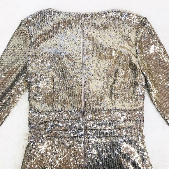 CALVIN KLEIN Gold Sequin Cocktail Dress Knee Length Faux Wrap Party Size 4 6 New - Picture 7 of 10